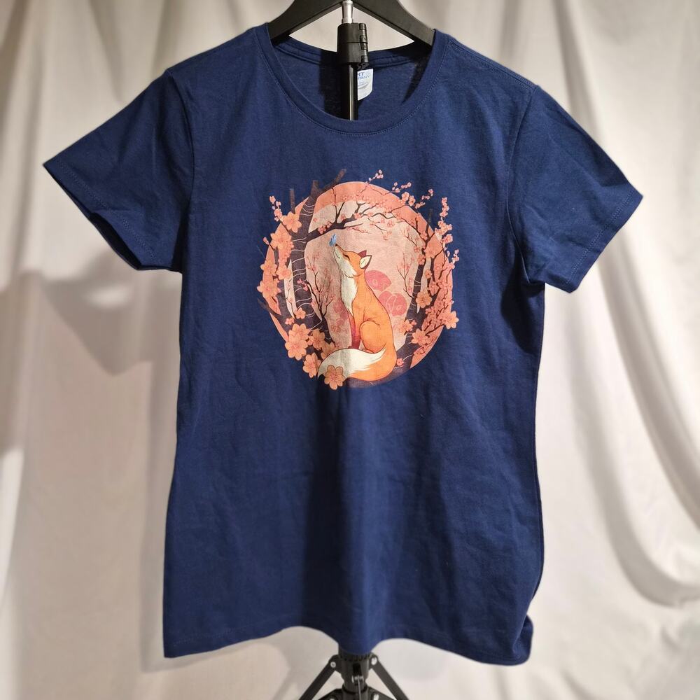 Port & Company Fox & Butterfly Cherry Blossom Graphic‎ Tee Navy Blue Small
